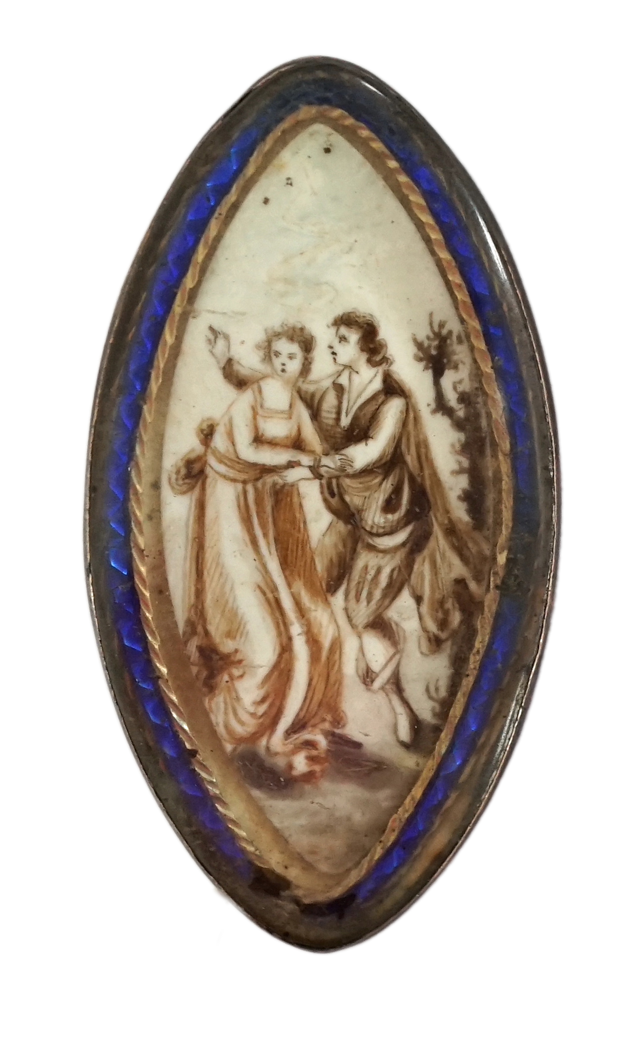 A Regency yellow metal and blue enamel mounted navette shaped pendant brooch, with inset ivory panel decorated with a lady and gentleman, 43mm. CITES Submission reference GAF52XTV